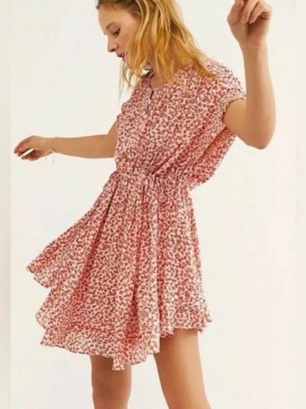 Free People XS One Fine Day Babydoll Mini Dress Red White Ditsy Floral